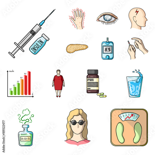 Diabetes cartoon icons in set collection for design. Treatment of diabetes vector symbol stock web illustration.