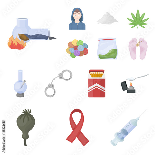 Drug addiction and attributes cartoon icons in set collection for design. Addict and Drug vector symbol stock web illustration.