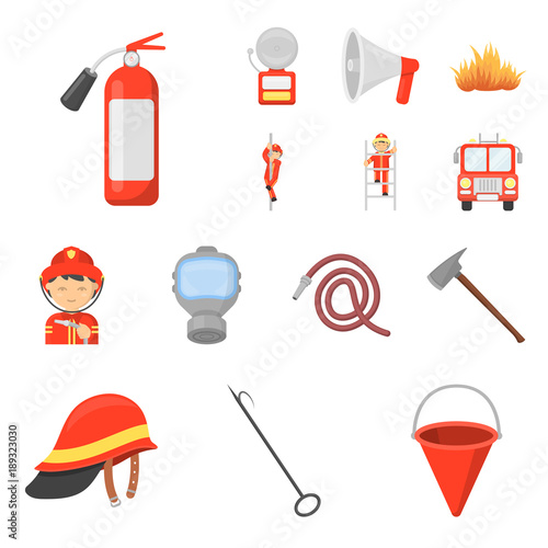 Fire Department cartoon icons in set collection for design. Firefighters and equipment vector symbol stock web illustration.