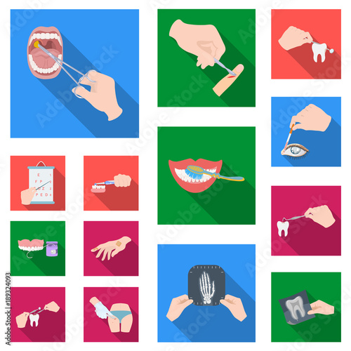 Manipulation by hands flat icons in set collection for design. Hand movement in medicine vector symbol stock web illustration.
