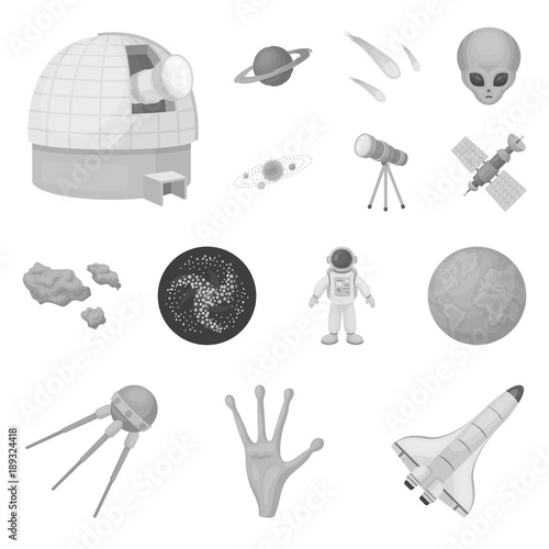 Space technology monochrome icons in set collection for design.Spacecraft and equipment vector symbol stock web illustration.