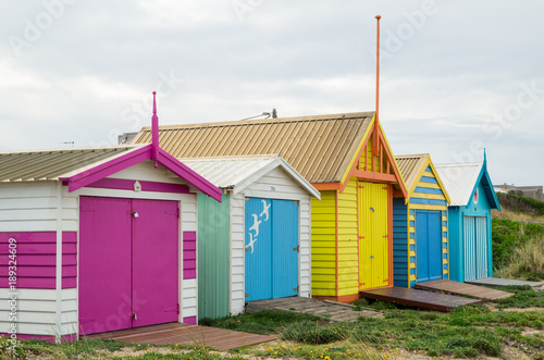 Colourful beach huts on Edithvale Beach in Melbourne. photo