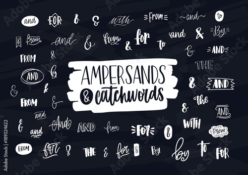 Collection of various handwritten ampersands, conjunctions, prepositions and articles. Bundle of elegant hand lettering design elements, words isolated on dark background. Vector illustration.