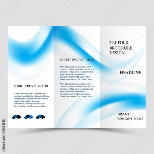 Business tri fold brochure design. Blue corporate business template for tri fold flyer. Layout with modern shaped photo. Creative concept folded flyer or brochure. photo