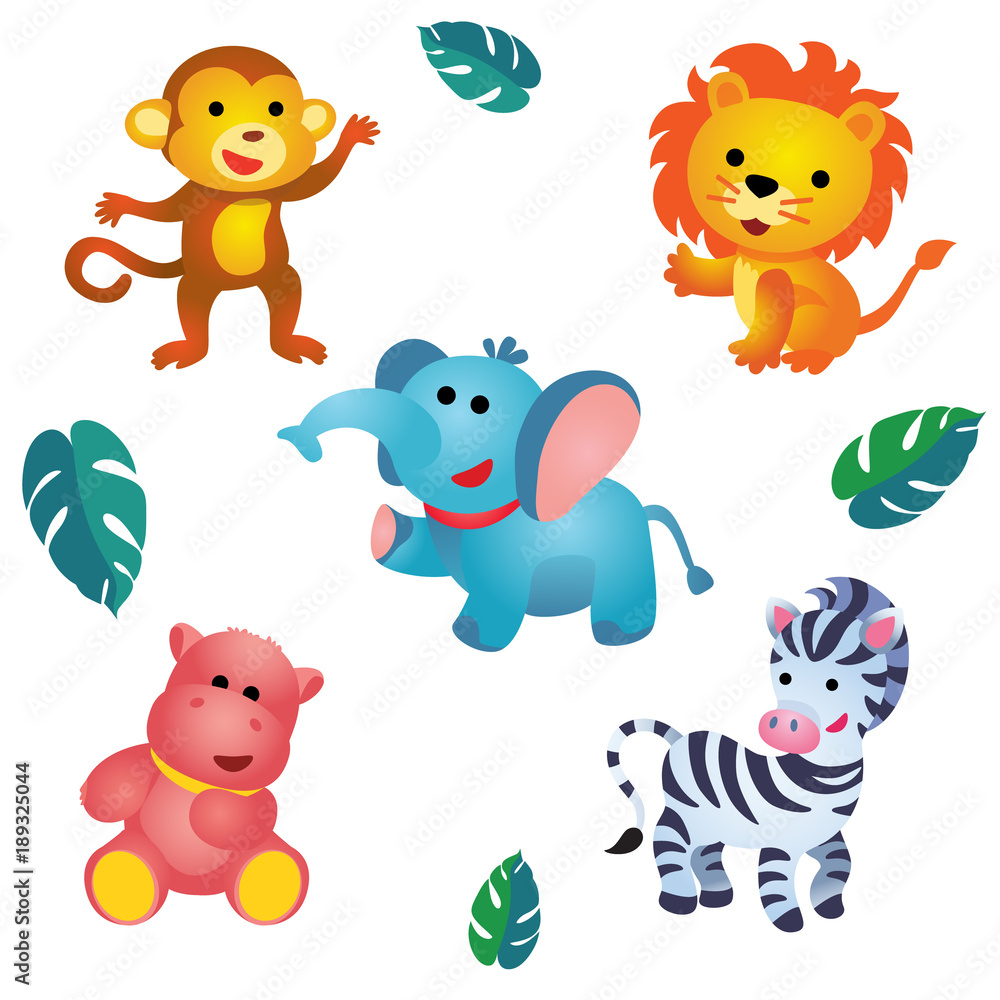 Naklejka premium Five cute plush jungle animals / Cute plush monkey, lion, elephant, hippo and zebra are on white background 