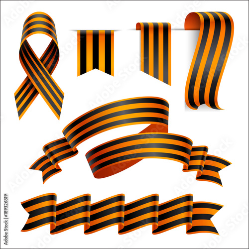 Set of St. George black and orange striped ribbon or banner. 9 May design element