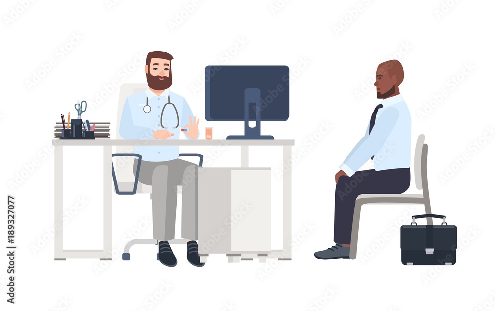 Doctor or medical adviser sitting at desk with computer and giving consultation to male patient. Man at physician s office, clinic or hospital. Colorful cartoon vector illustration in flat style. Doctor or medical adviser sitting at desk with computer and giving consultation to male patient. Man at physician s office, clinic or hospital. Colorful cartoon vector illustration in flat style.