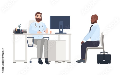 Doctor or medical adviser sitting at desk with computer and giving consultation to male patient. Man at physician s office, clinic or hospital. Colorful cartoon vector illustration in flat style.