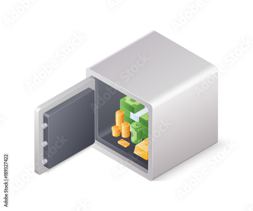 Opened safe box full of wealth isolated on white background. Isometric vector illustration photo