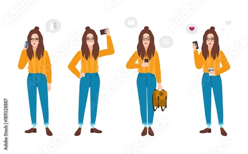 Young woman dressed in trendy clothes with smartphone. Hipster girl with mobile phone - texting, talking, taking selfie photo, reading message. Female cartoon character. Colorful vector illustration.