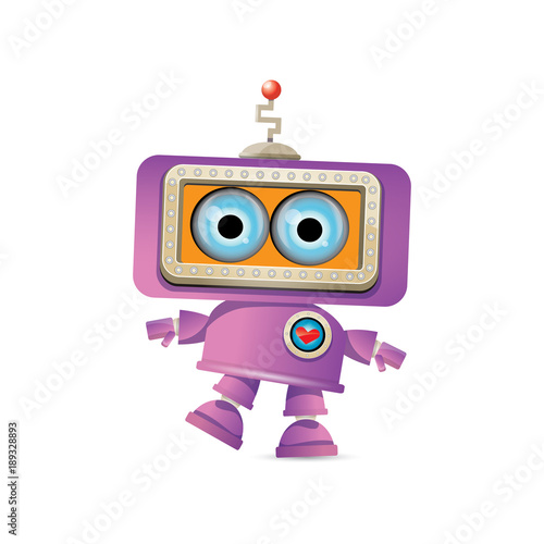 vector funny cartoon purple friendly robot character isolated on white background. Kids 3d robot toy. chat bot icon