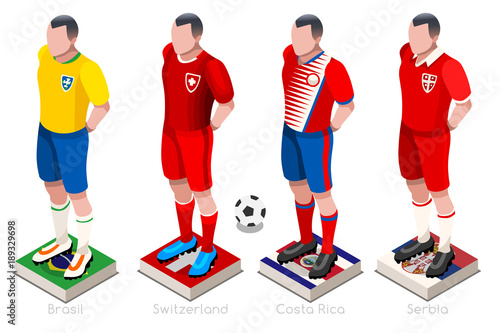 Soccer world cup a group of players with team shirts flags and ball. Isometric football vector illustration