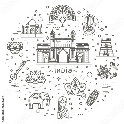 India icons set. Indian attractions, line design. Tourism in India, isolated vector illustration. Traditional symbols.