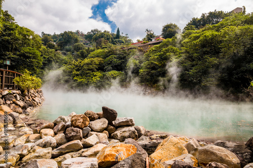 Quadro em tela The hot spring at Beitou Thermal Valley, covered with mists, is nearly 100 degrees Celsius hot