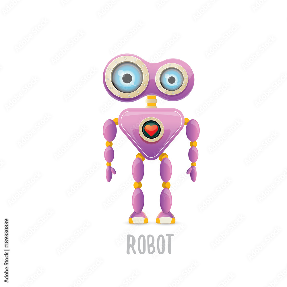 Fototapeta premium vector funny cartoon purple friendly robot character isolated on white background. Kids 3d robot toy. chat bot icon