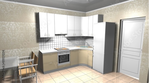 kitchen 3D rendering interior design beige white