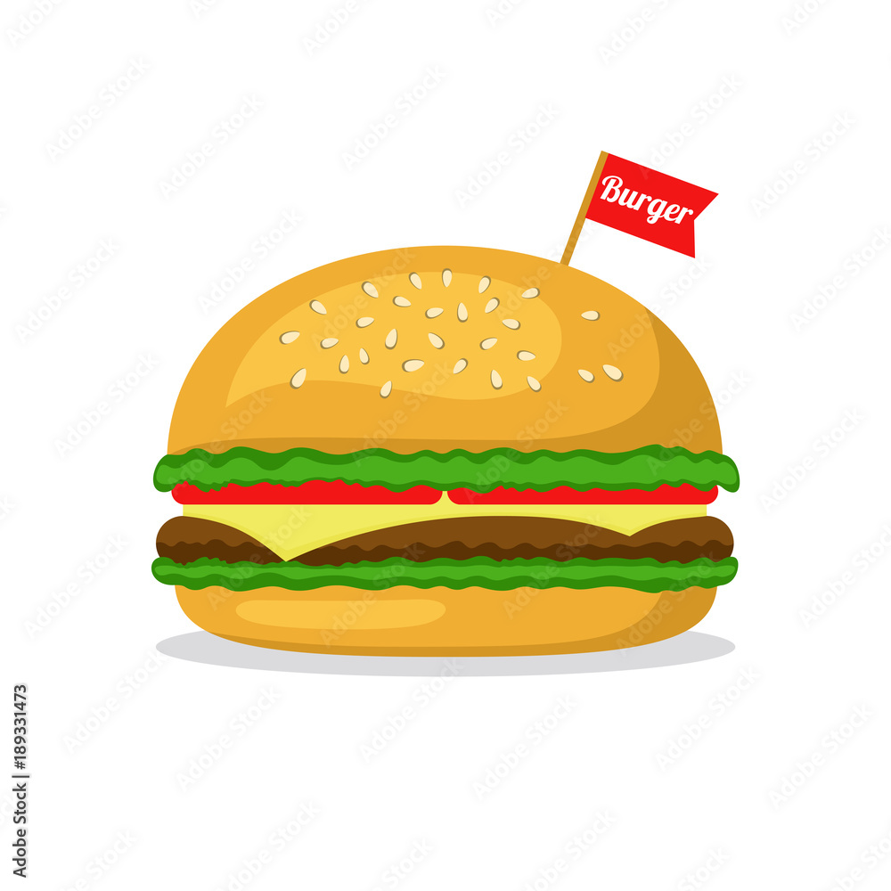 Burger in flat style on white background. Fast food.