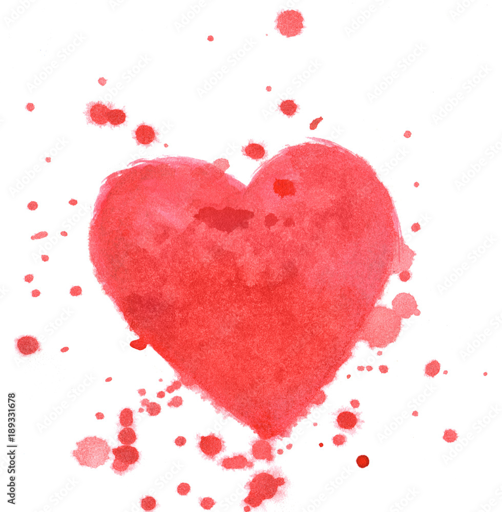 Red heart splash isolated on white background in watercolor