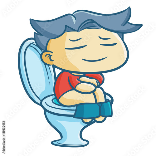 Funny and cute man defecate and sit on lavatory - vector.