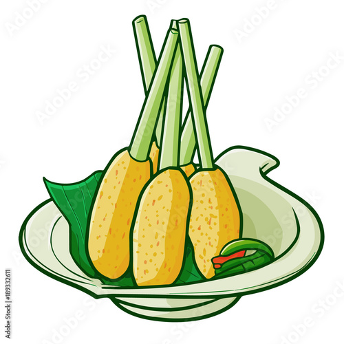 Cute and yummy "Sate Lilit",  a satay variant from Balinese cuisine. Traditional food of Indonesia. made from minced pork, fish, chicken, beef, or even turtle meat - vector.