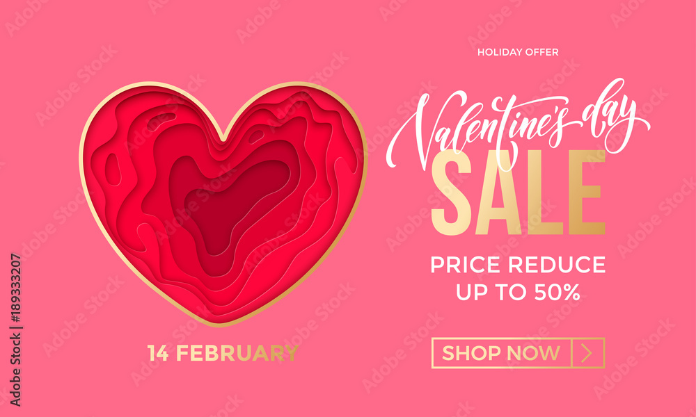 Valentines Day sale banner design template of heart papercard on pink background. Vector 14 February Valentine day holiday sale promo offer discount for fashion shop Valentines Day sale banner design template of heart papercard on pink background. Vector 14 February Valentine day holiday sale promo offer discount for fashion shop