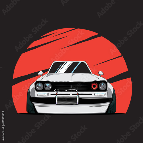 Cartoon japan tuned old car on red sun background. Front view. Vector illustration