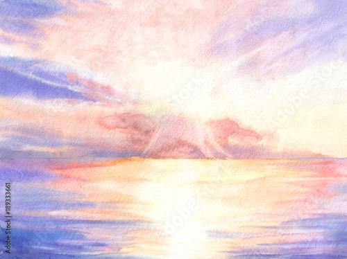Hand drawn watercolor illustration with seascape. Beautiful sunrise over the water.