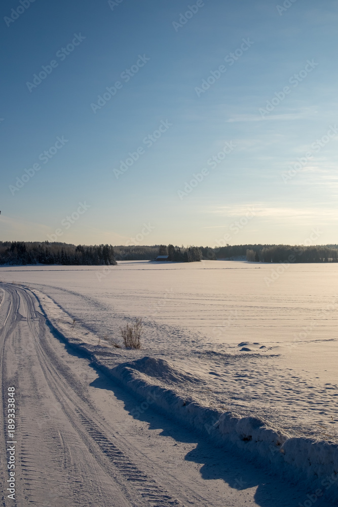 A road going through snowy fields