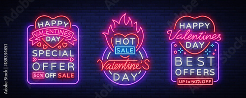 Valentine's day vector sales, set of design patterns for posters in neon style. Collection of Neon signs, neon banner, bright night advertising, brochure, flyer, postcard. Vector illustration
