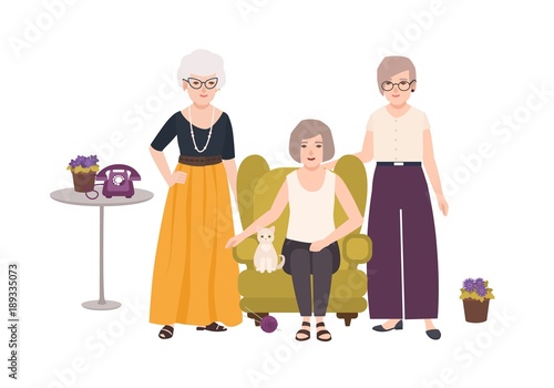 Group of smiling elderly women dressed in elegant clothes sitting in comfortable armchair and standing. Old ladies spending time together. Female cartoon characters. Colorful vector illustration.