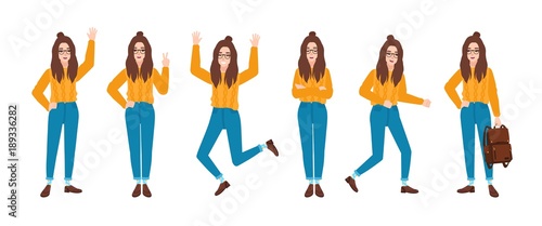 Young smiling woman dressed in blue jeans and yellow jumper in various postures. Hipster girl in different poses. Female cartoon character isolated on white background. Colorful vector illustration.