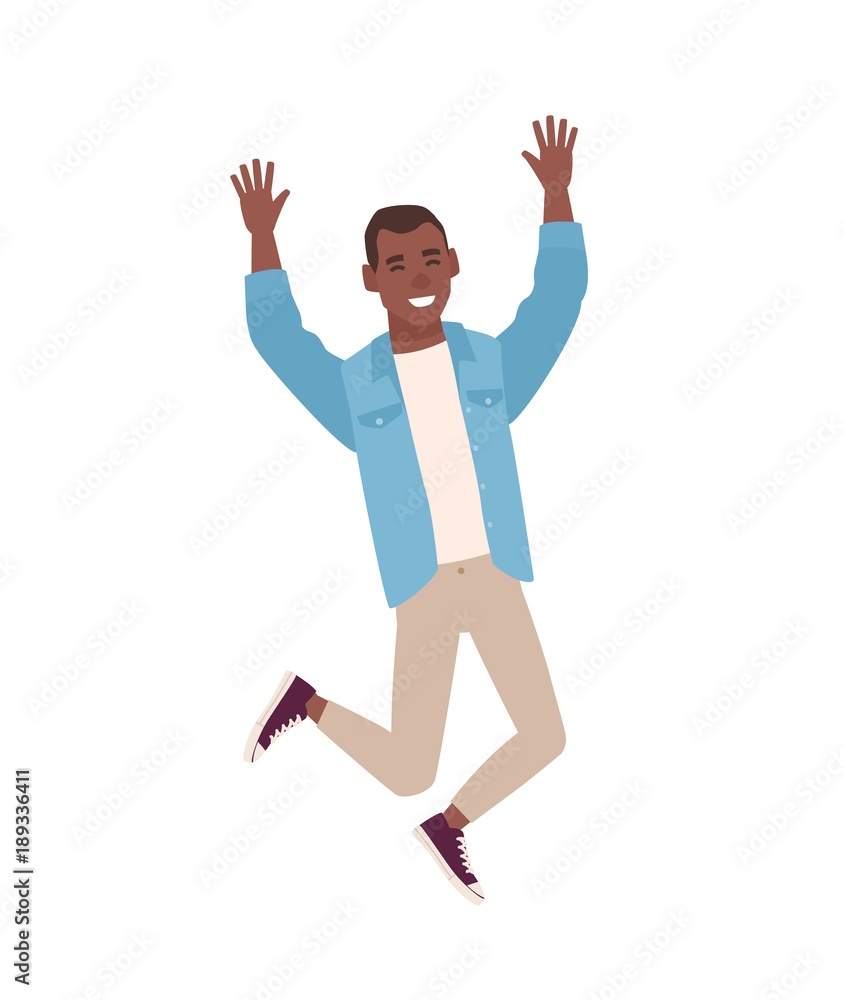 Happy smiling guy dressed in casual clothes jumping with raised hands. Young man rejoicing or celebrating. Male cartoon character isolated on white background. Colorful flat vector illustration.
