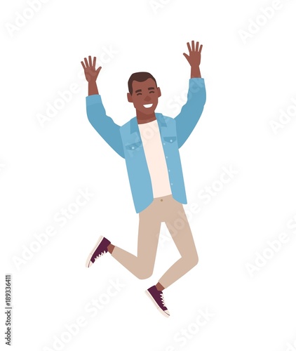 Happy smiling guy dressed in casual clothes jumping with raised hands. Young man rejoicing or celebrating. Male cartoon character isolated on white background. Colorful flat vector illustration.