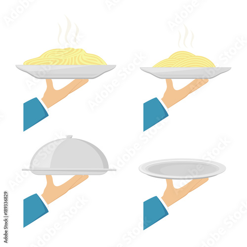 Set of waiter hands with trays and plates