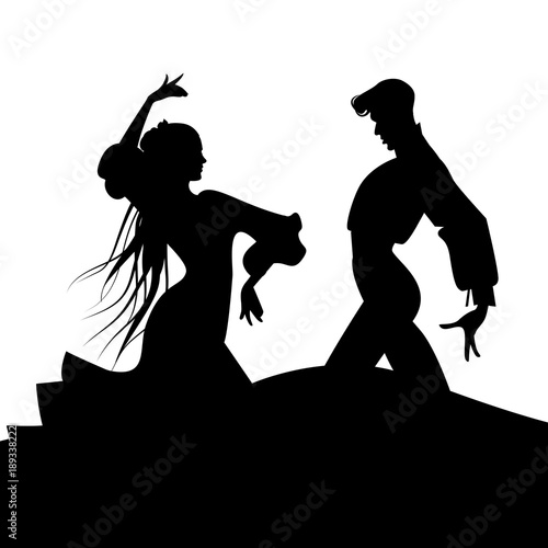 Silhouette of couple of typical Spanish flamenco dancers. Elegant man and beautiful woman with long mane.