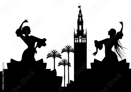 Silhouette of two Spanish flamenco dancers, palm trees and monuments in Seville. (The Giralda) photo