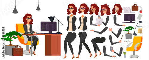 Business Woman Character Vector. Working Female Girl Boss. Office. Girl Developer. Animation Set. Attractive Lady Programmer, Designer. Emotions. Cartoon Illustration
