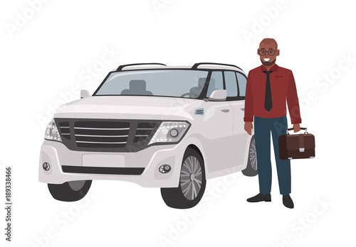 Smiling man dressed in business clothes and holding briefcase standing beside luxury car. Successful businessman and his automobile. Male flat cartoon character. Colorful vector illustration.