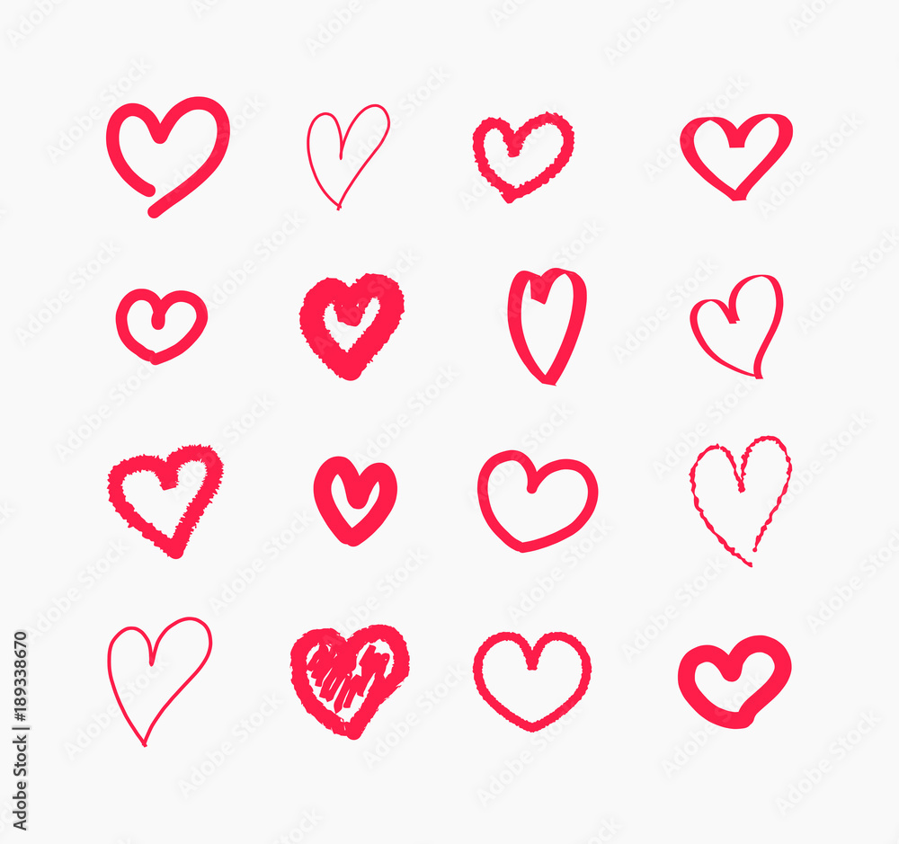 Hand drawn doodle hearts icons collection.