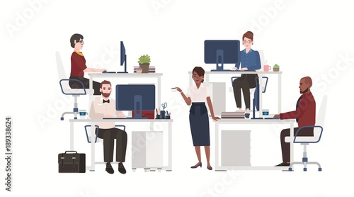 Men and women dressed in smart clothes working on computers. Male and female office workers sitting at desks or standing and drinking coffee. Flat cartoon characters. Colorful vector illustration.