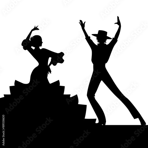 Silhouette of couple of typical Spanish flamenco dancers. Elegant man with typical Spanish hat
