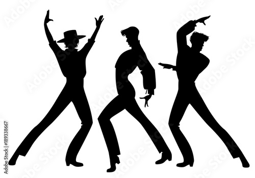 Silhouette of three typical Spanish flamenco dancers. Elegant men dancing flamenco.