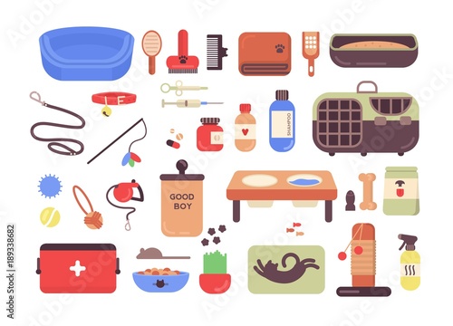Collection of pet shop goods for cats and dogs isolated on white background. Set of items for domestic animals care, treatment, grooming, entertainment, feeding. Colorful flat vector illustration.