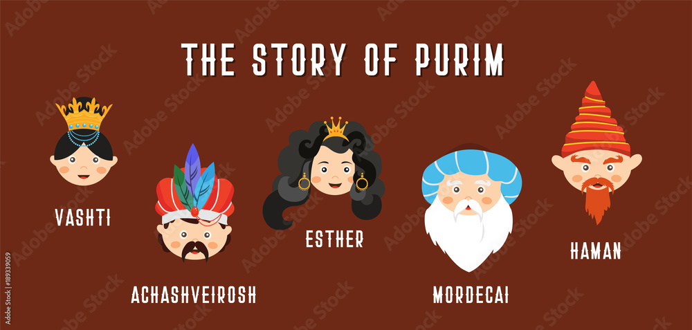 Fototapeta premium Happy Jewish new year Purim in Hebrew and English. the story of Purim. with traditional characters. banner template illustration
