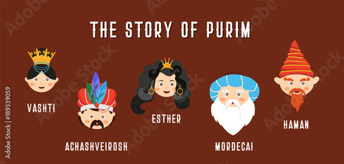 Happy Jewish new year Purim in Hebrew and English. the story of Purim. with traditional characters. banner template illustration