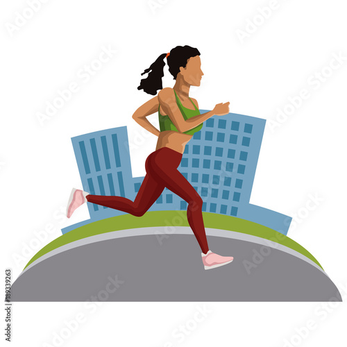 Woman running at city icon vector illustration graphic design