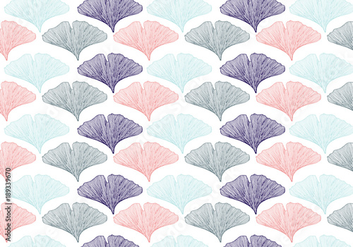 Hand drawn ginkgo leaves vector in blue, pink and gray color palette