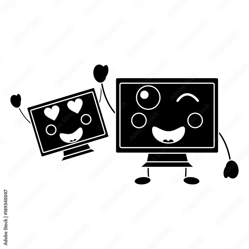 pc monitor hardware pair kawaii cartoon vector illustration pictogram ...