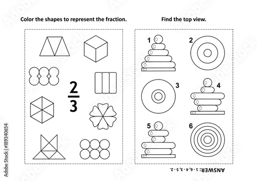 Two visual math puzzles and coloring pages. Color the shapes to represent the fraction. Find the top view. Black and white. Answers included.
