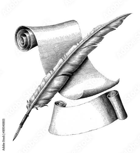 Quill pen and blank paper with banner hand drawing vintage engraving illustration,cross quill pen and paper logo style